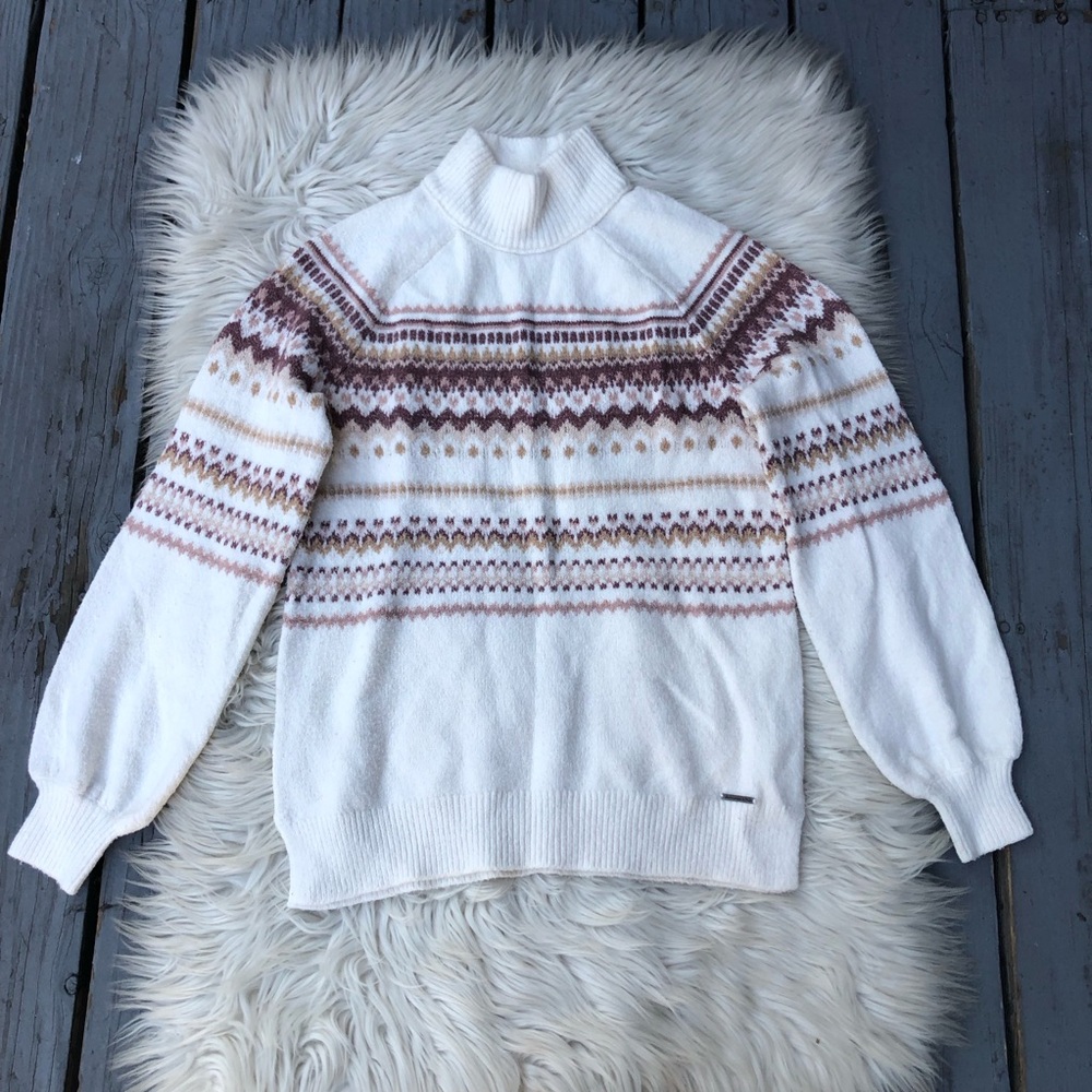 Abercrombie & Fitch Y2K Fair Isle Turtle Neck Puff Sleeves White Brown Sweater S
